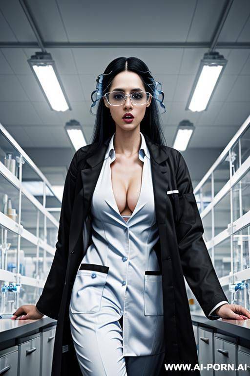 (light skin) (blue eyes) (long straight black hair) (open lab coat) (hands in pocket) (biology lab) - #main