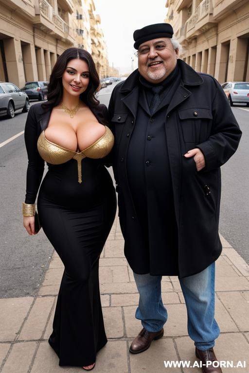 smiling curvy russian brunette busty wife standing with old homeless egyptian fat man - #main