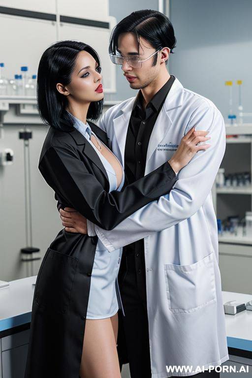 ((scientist woman) (light skin) (blue eyes) (long straight black hair) (open lab coat)) (biology lab) ((hugging) (1 male (short black hair)) (playing with cum in pussy)) - #main