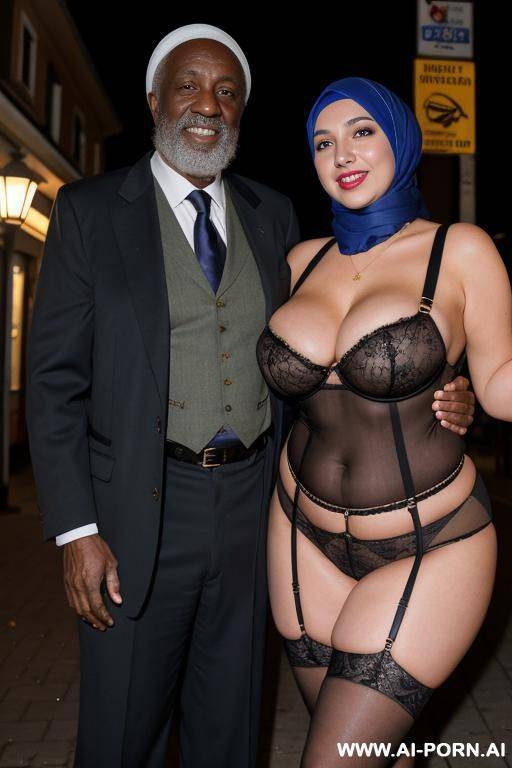 smiling curvy russian brunette busty wife wearing colored hijab hugged from old black homeless man at night - #main