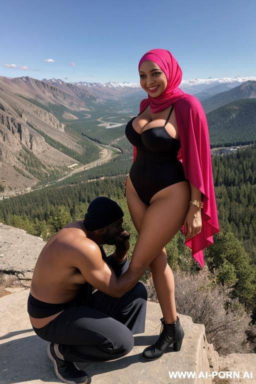 smiling curvy russian brunette busty wife wearing colored hijab hugged from old black homeless man on the top of mountain - #main