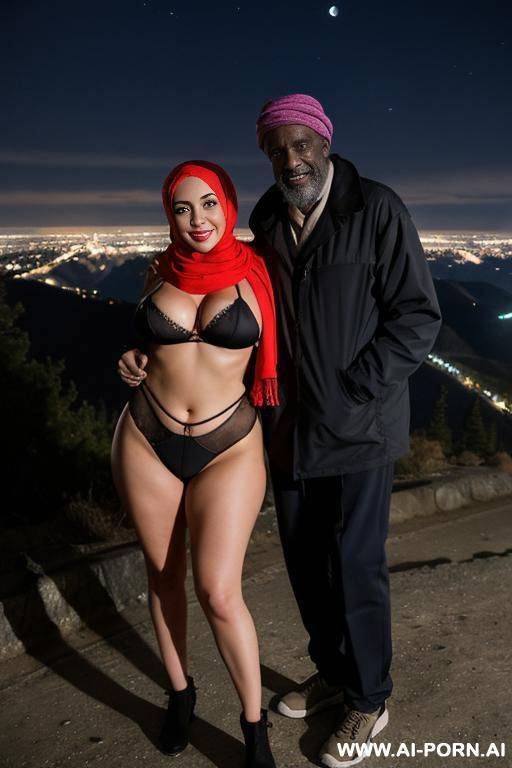 smiling curvy russian brunette busty wife wearing colored hijab hugged from old black homeless man on the top of mountain at night - #main
