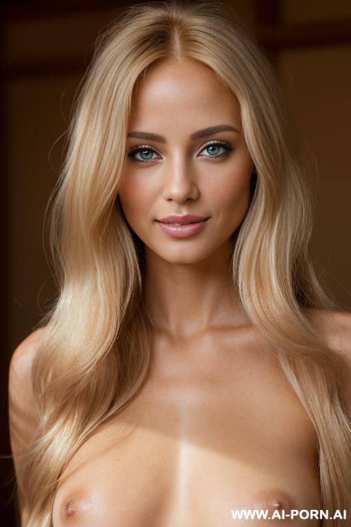 (beautiful babe model), (tan skin) (fully nude), ((high quality)), ((depth of field)), ((long golden hair)), ((soft seductive smile)), (even lighting), (short) - #main