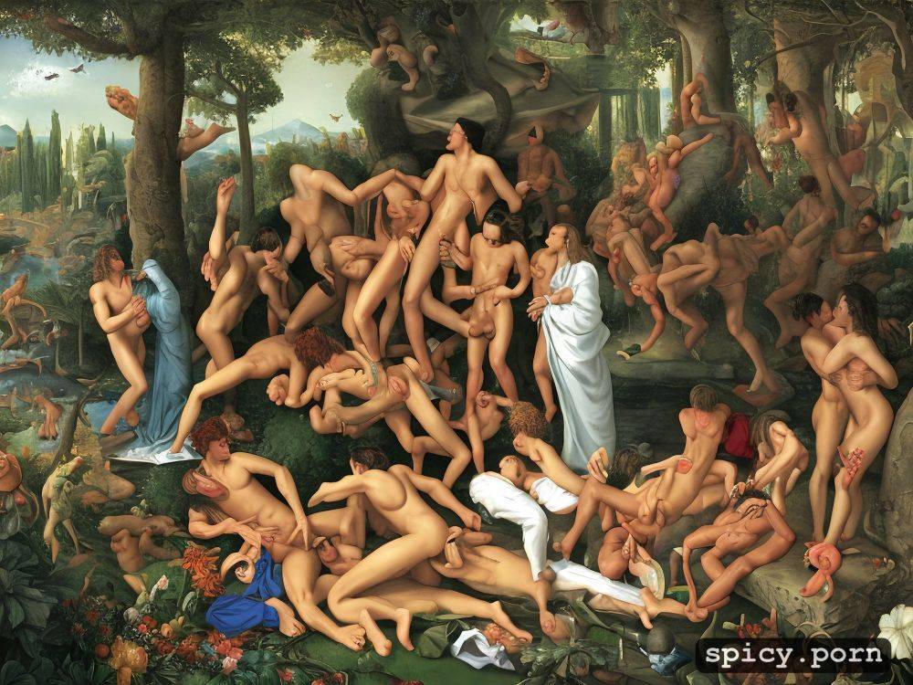 orgy in a paradise garden full of testicles and vulvas heironymous bosch style but with explicit sex and penises fucking vaginas style of bosch - #main
