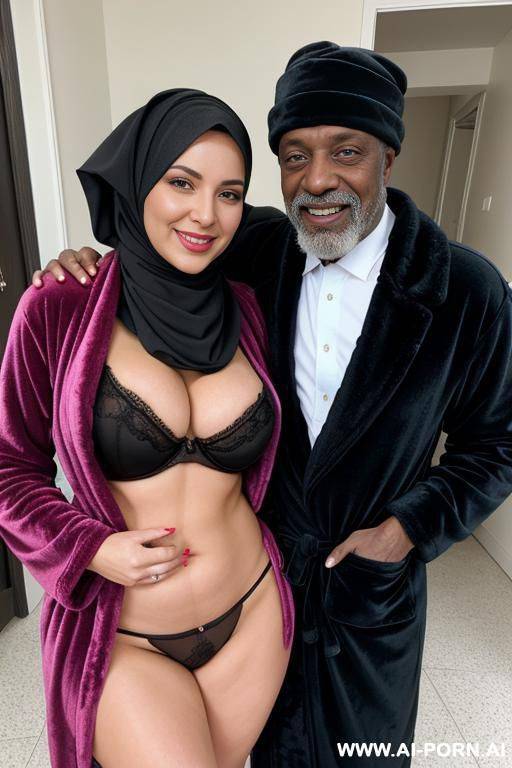 smiling curvy russian brunette busty wife wearing colored hijab and lingerie hugged from old black homeless man - #main