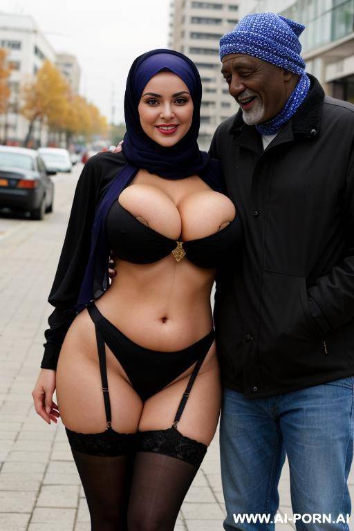 smiling curvy russian brunette busty wife with huge boobs wearing colored hijab hugged from old black homeless man - #main