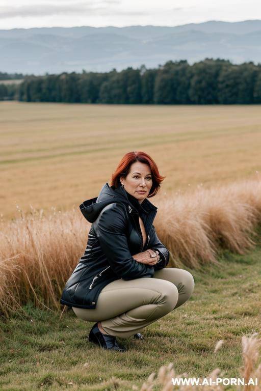 posh mature woman wearing pants, jacket in field - #main
