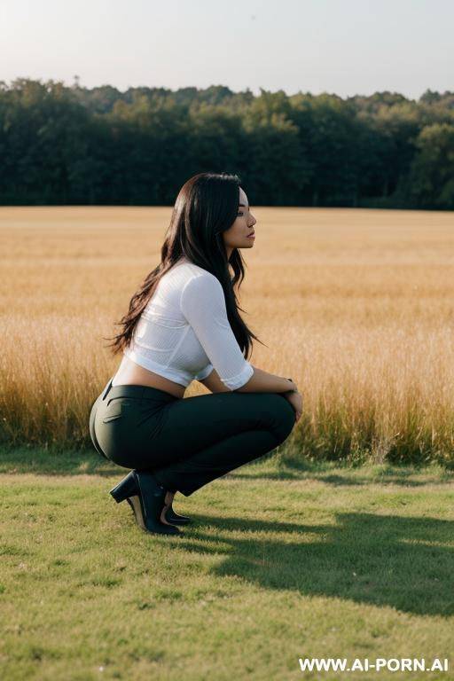 woman squatting in field, pants, side-view - #main