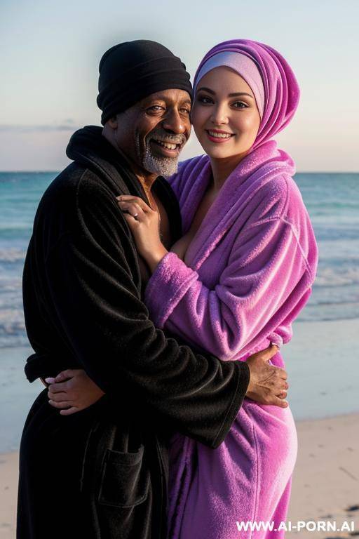 smiling curvy russian brunette busty wife wearing colored hijab topless hugged from old black homeless man on beach - #main