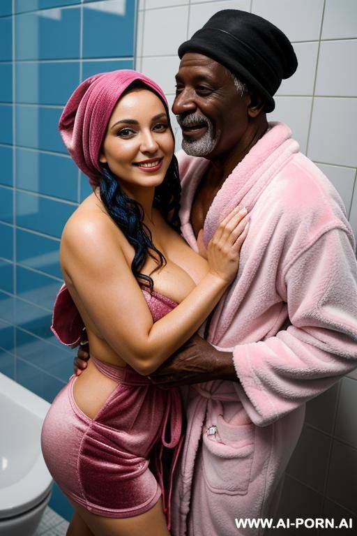 smiling curvy russian brunette busty wife wearing colored hijab topless hugged from old black homeless man in shower - #main