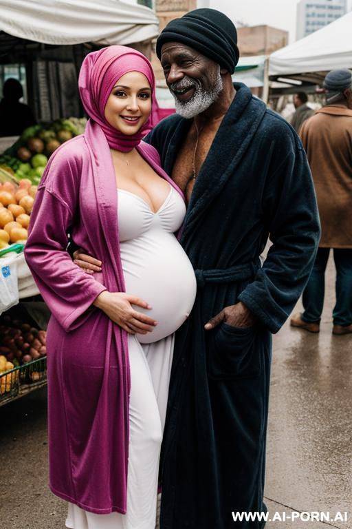 smiling curvy russian brunette pregnant wife wearing colored hijab topless hugged from old black homeless man in market - #main