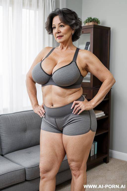 mature cubby woman, 0 year old grandmother, full body, standing, lady, short gray hair, clearly visible age marks, triangular hips, thick thighs, wearing gray yoga shorts and bra, legs open, living room - #main