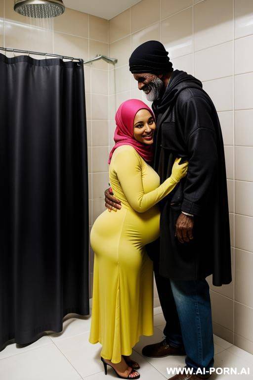 smiling curvy russian brunette pregnant wife wearing colored hijab topless hugged from old black homeless man in shower - #main