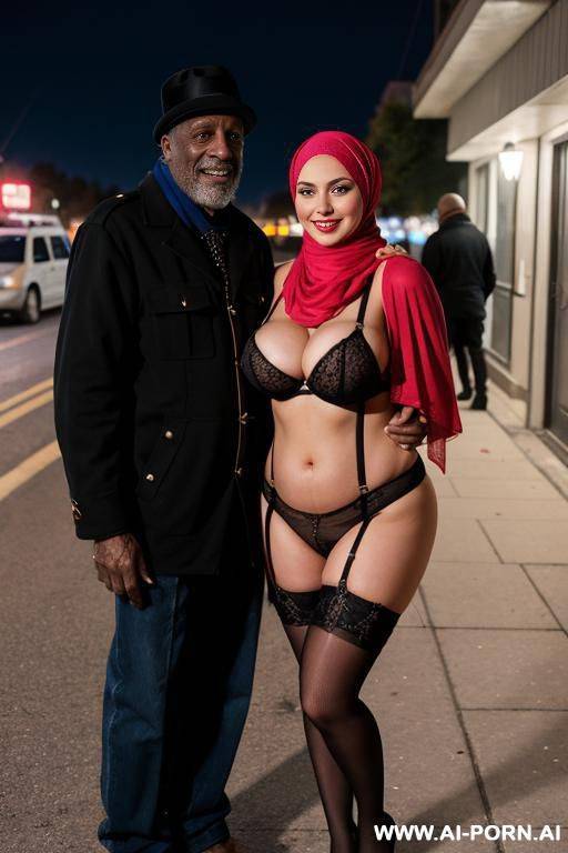 smiling curvy russian brunette busty wife wearing colored hijab hugged from old black homeless man at night - #main
