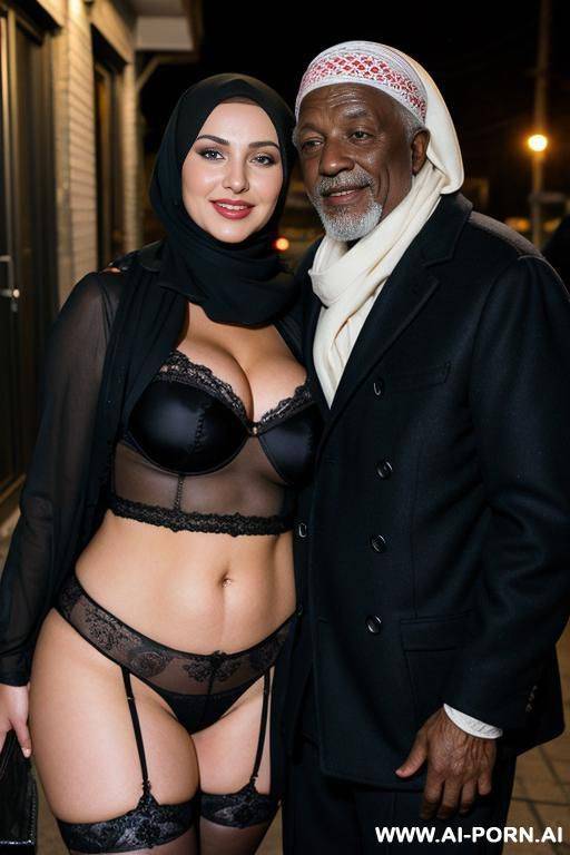 smiling curvy russian brunette busty wife wearing hijab hugged from old black homeless man at night - #main