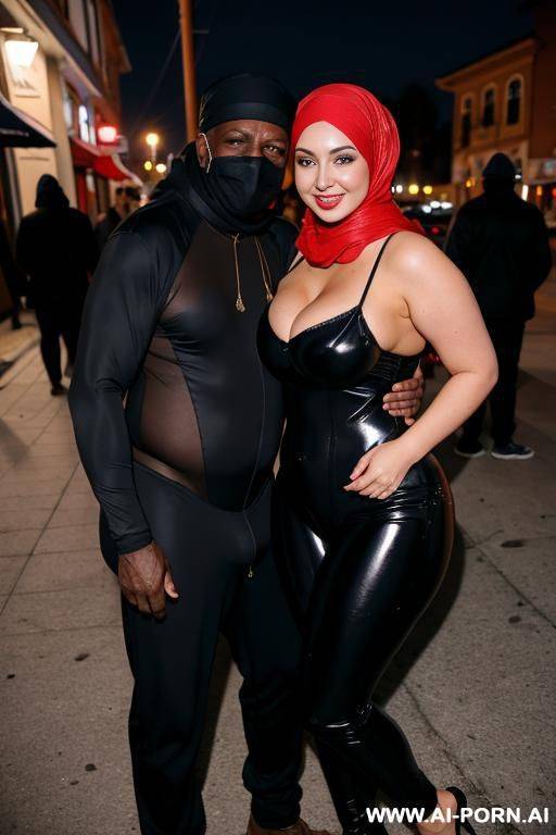 smiling curvy russian brunette busty wife wearing hijab hugged from old black homeless man at nightred - #main