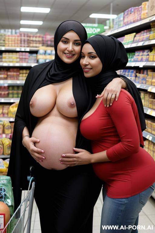 smiling curvy russian brunette pregnant wife wearing colored hijab topless hugged from old black police man in supermarket - #main