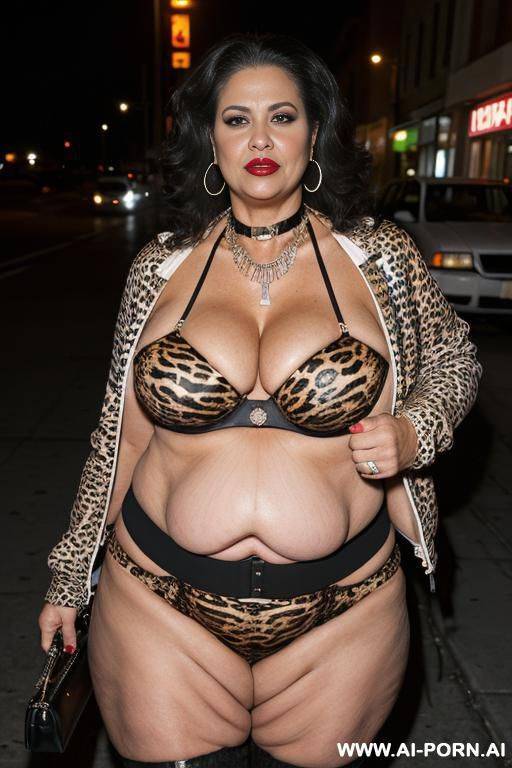 latina, fat old milf, animal print hooker outfit, lovehandless, soft medium tummy, huge saggy boobs, crop jacket, necklace, chocker, elries, street night, waist shot - #main