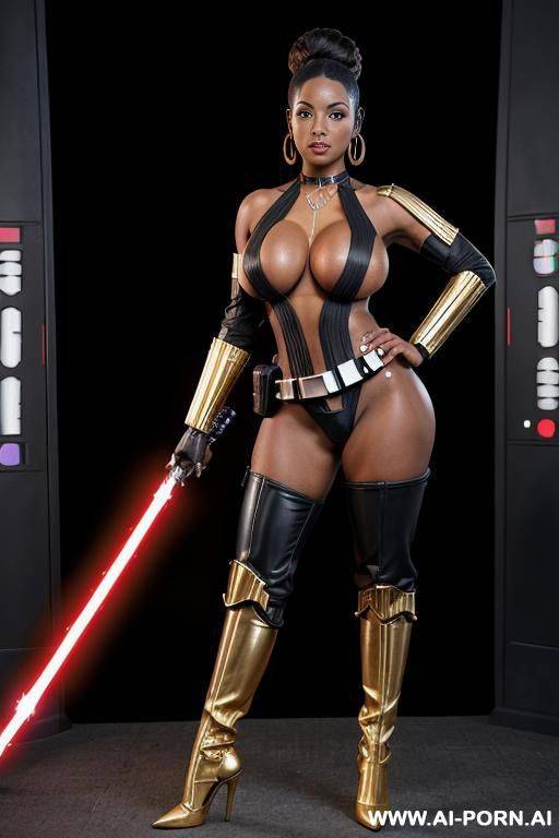 busty black muscular woman toned with gigantic breast implants. gold tall lace high heels. (big bell shaped boobs). gold choker, earrings, ankle chain, thigh chain. oiled. punk hairstyle. no bra. - #main