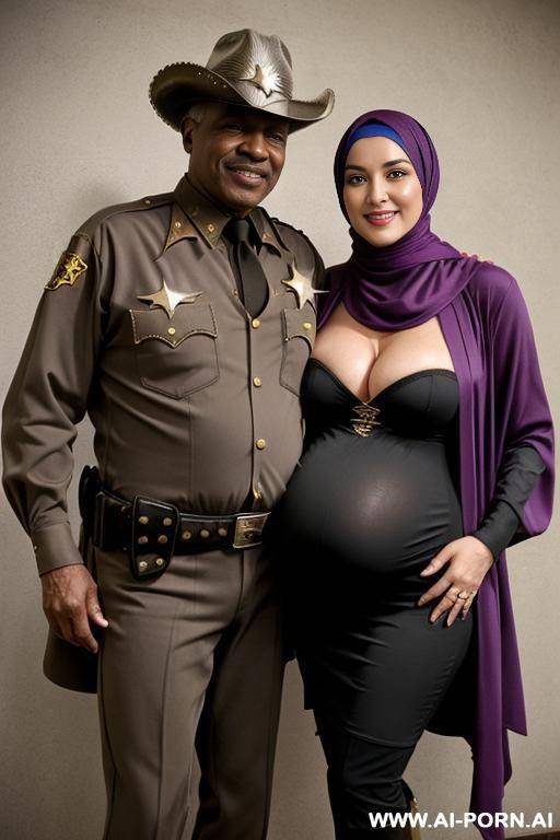 smiling curvy russian brunette pregnant wife wearing colored hijab topless hugged from old black man - #main