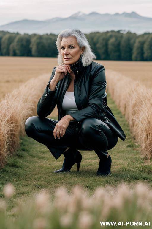 posh mature woman wearing pants, jacket in field - #main