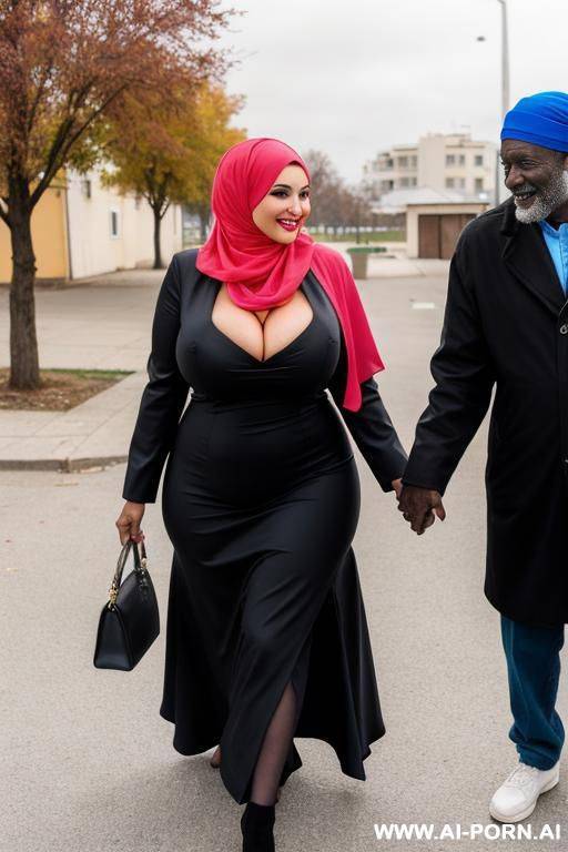 smiling curvy russian busty wife wearing colored hijab and the wind lifting her dress to show underwear standing with old black homeless man - #main
