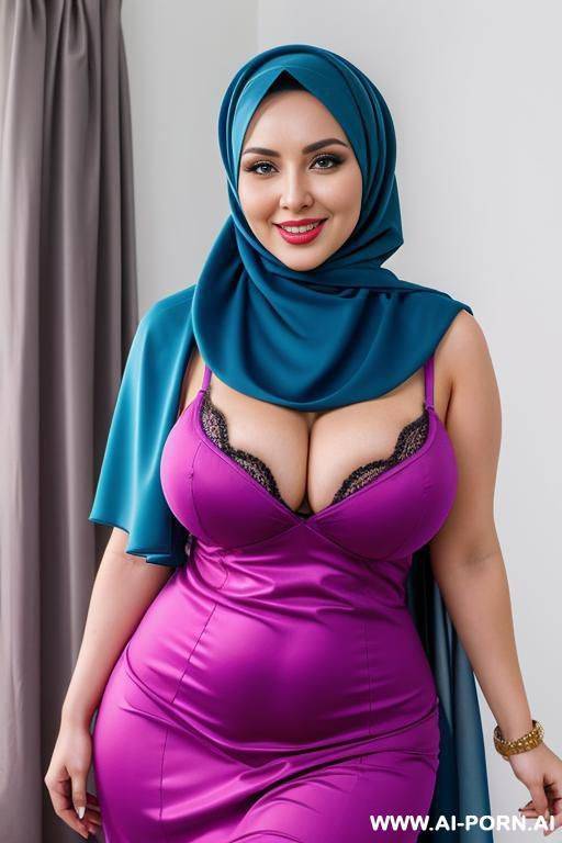 smiling curvy russian busty wife wearing colored hijab lifting her dress to show underwear - #main