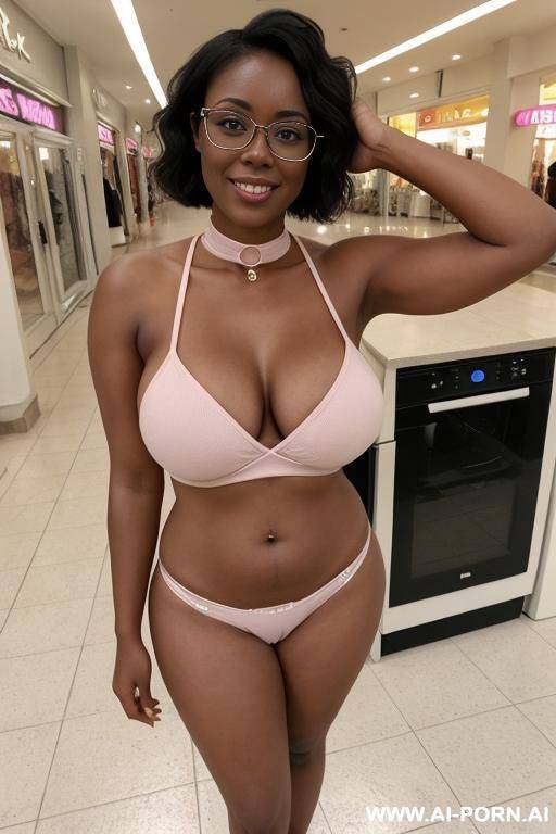 (full front photo showing head and feet) of nude nerd woman with glasses and choker standing (naked in pastel sneakers) in busy mall. short wavy brunette hair. fair skin caucasian. chubby. only - #main