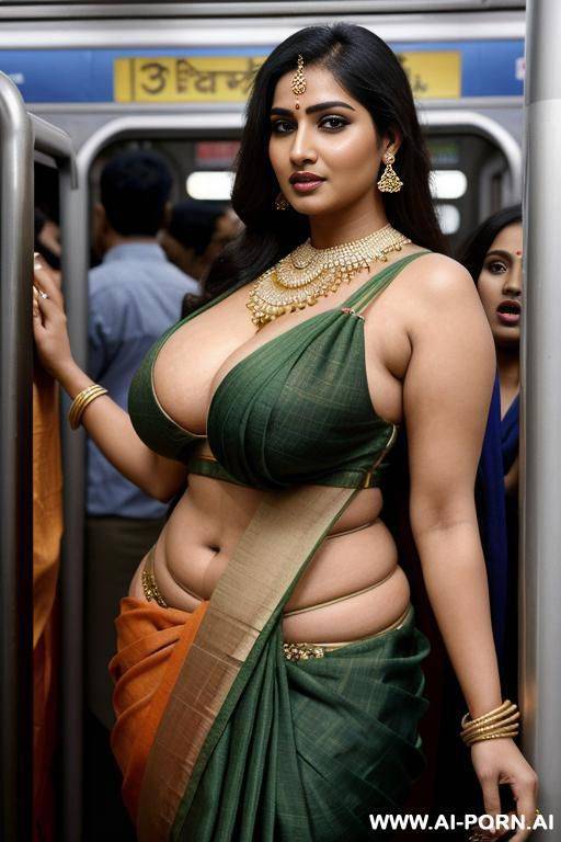 indian woman, busty, gigantic boobs, huge tits, sexy sari top, crowded train, in public - #main