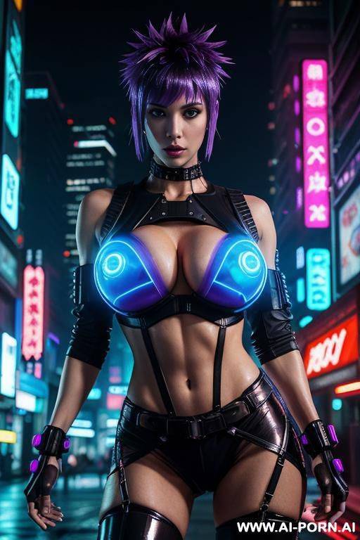 cyberpunk woman with short spiky punk hairstyle. muscular toned body. abs. blade runner. neon background at night. shiny bright blue glowing eyes. transparent clothes. big round tits. transparent red visor. - #main