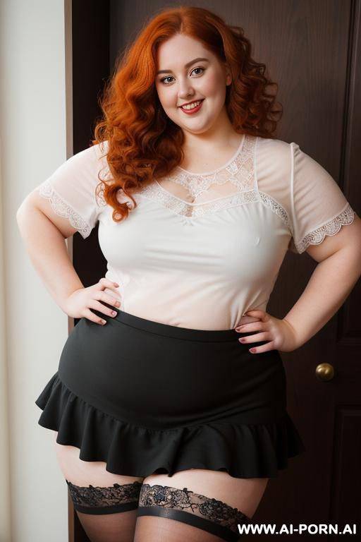 fat, chubby thighs, bbw, thick, thigh t-shirt and ruffle microskirt with lace stockings - #main