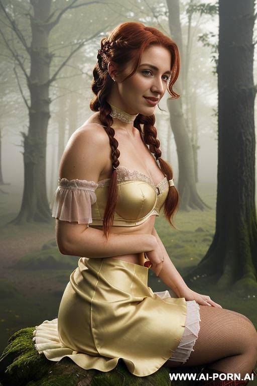 ((topless)), (dark red hair) (tan golden skin) ((natural plump breasts), (pretty face), (wide hips), (soft alluring smile), (high stockings), (choker) - #main