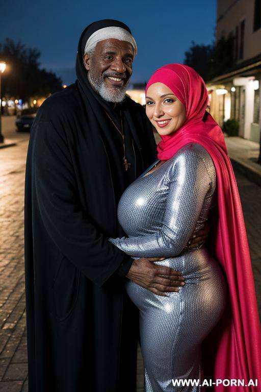 smiling curvy russian brunette pregnant wife wearing colored hijab topless hugged from old black homeless man at night - #main