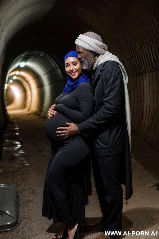 smiling curvy russian brunette pregnant wife wearing colored hijab topless hugged from old black homeless man in underground tunnels - #main