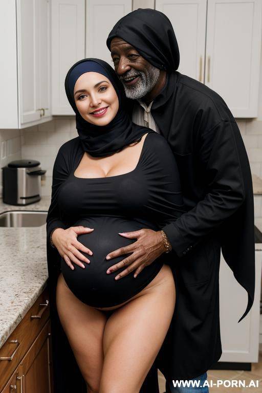smiling curvy russian brunette pregnant wife wearing colored hijab topless hugged from old black homeless man in kitchen - #main