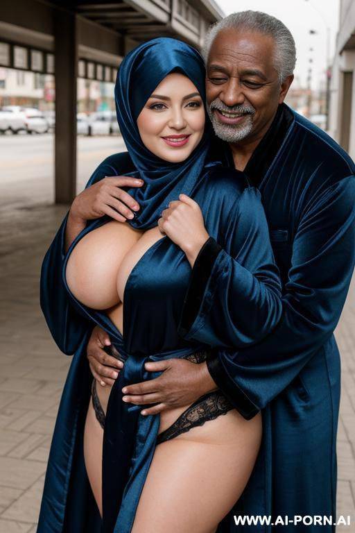 smiling curvy russian busty wife wearing colored hijab and dark blue silky robe hugged from homeless old black man - #main