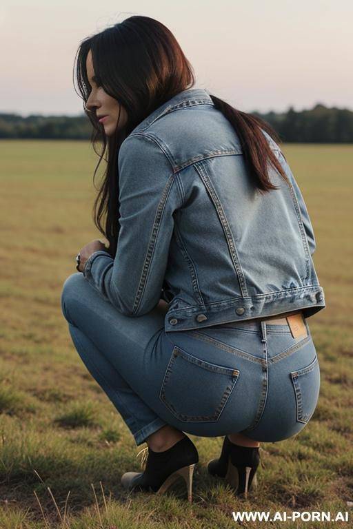woman squatting in field backview, jacket, jeans - #main