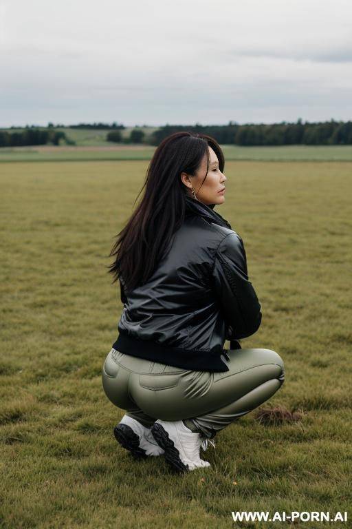 woman squatting in field backview, jacket, pants - #main