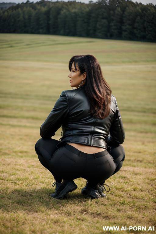 woman squatting in field, jacket, black pants, backview - #main