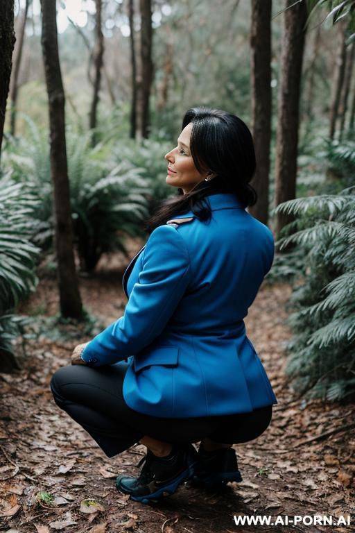 mature woman squatting in underbrush, blue coat, black pants, backview - #main