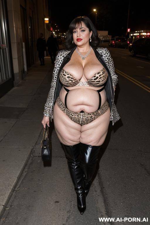 latina, fat old milf, animal print hooker outfit, huge saggy boobs, crop jacket, clean tummy, necklace, chocker, elries, high heels boots, street night, waist shot - #main
