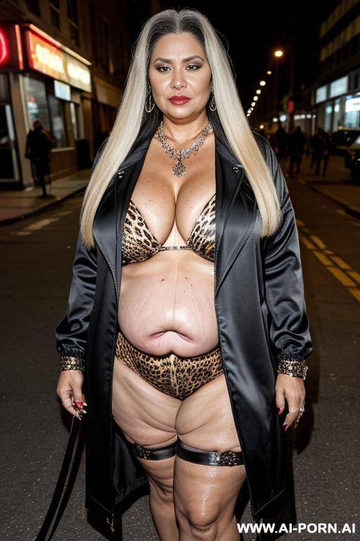 fat old milf, animal print hooker outfit, huge saggy boobs, long straight hair, crop jacket, necklace, chocker, elries, street night, waist shot - #main