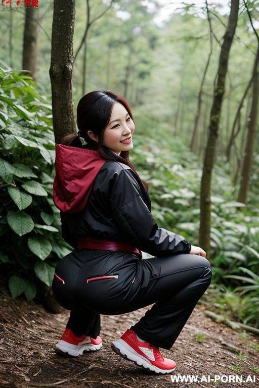 woman squatting in underbrush, jacket, pants,, side-view - #main