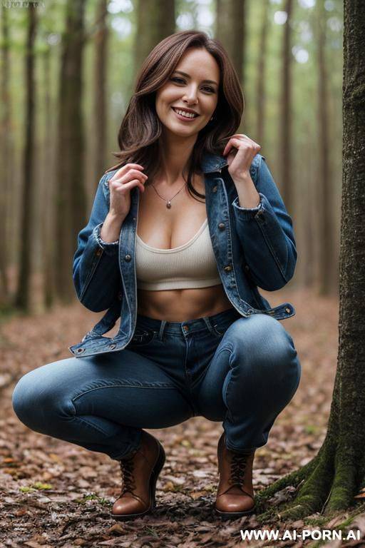 woman squatting in underbrush, jacket, jeans, side-view - #main