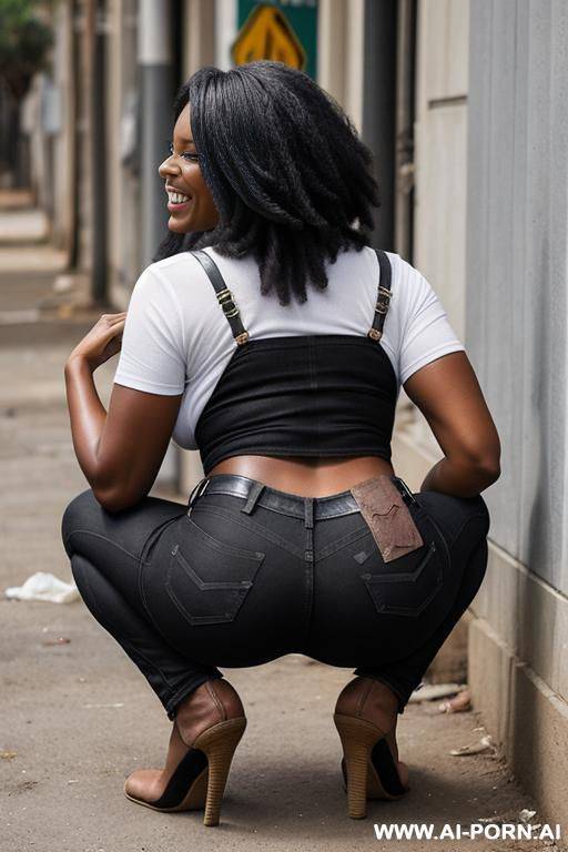 black woman squatting on trash corner, pants, jeans - #main