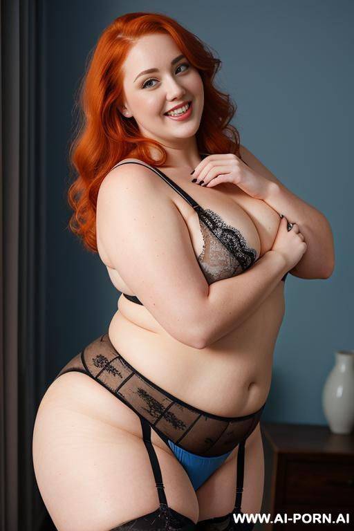 full body photo studio shot, about a fat bbw curvy woman with love handless and tummy, wearing a sexy and hot blue lace stocking lingeries. - #main