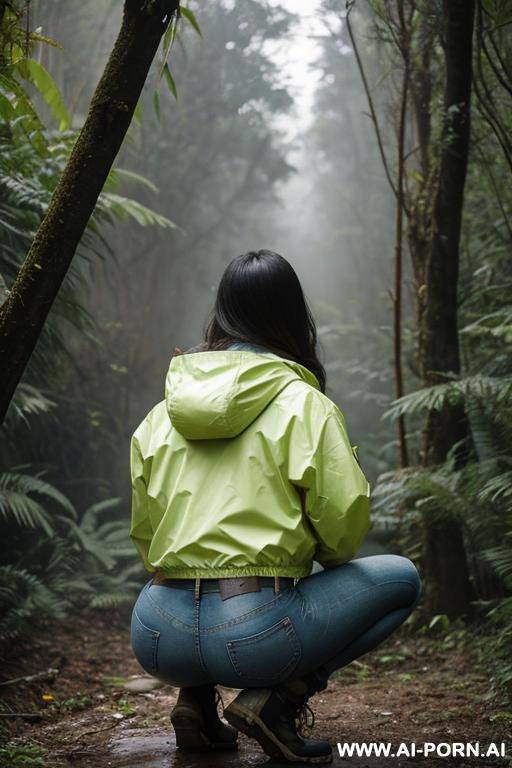woman squatting on wet spot, in underbrush, jacket, jeans - #main