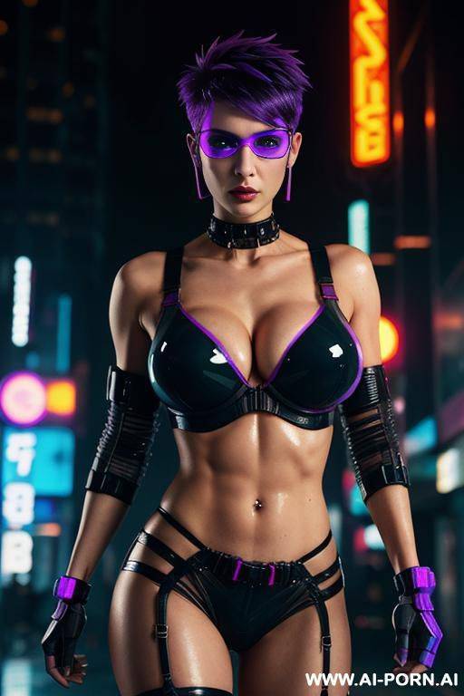 cyberpunk woman with short punk hairstyle with shaved sides. muscular toned body. abs. blade runner. rainy neon background at night. cybernetic eyes. transparent clear see-through bra. big round tits. transparent red goggles. - #main