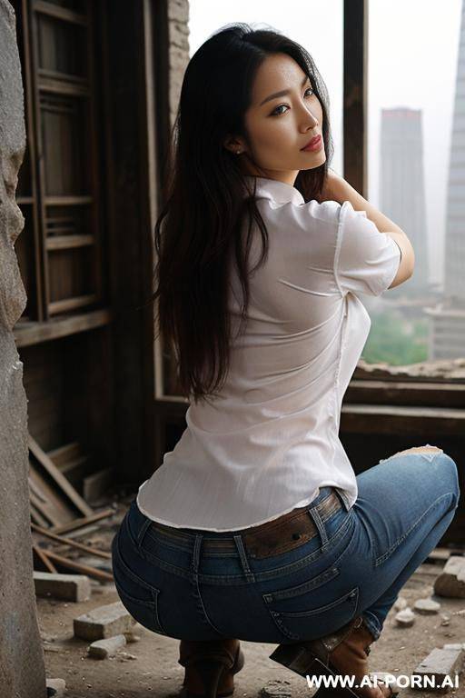 squatting in ruins, shirt and jeans, view from behind - #main
