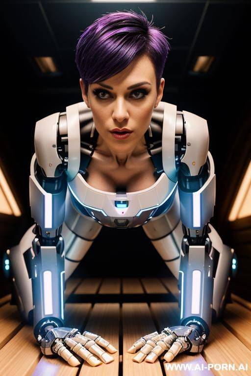 mature woman with short punk hairstyle with shaved sides. muscular very toned body. abs. blade runner. rainy neon background at night. cybernetic ((enormous round tits)). tall white high heel boots - #main